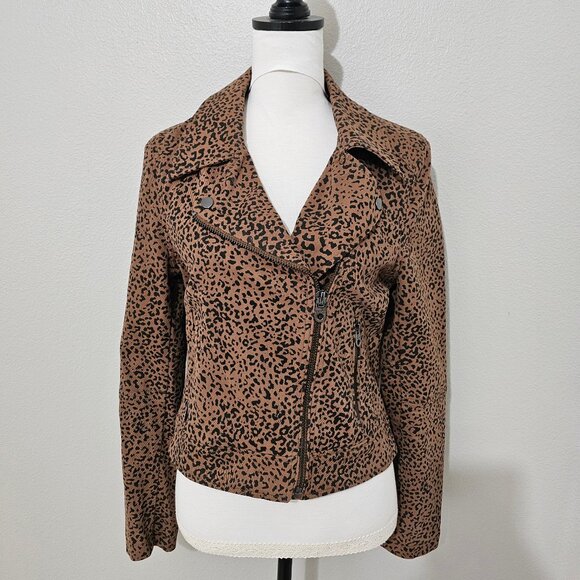 Vigoss Women's Brown & Black Chic Animal Print Moto Denim Jacket Size Small - Picture 1 of 7